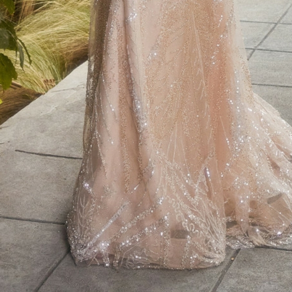 Champagne gold off the shoulder long sleeve floor length gown - Picture 5 of 15